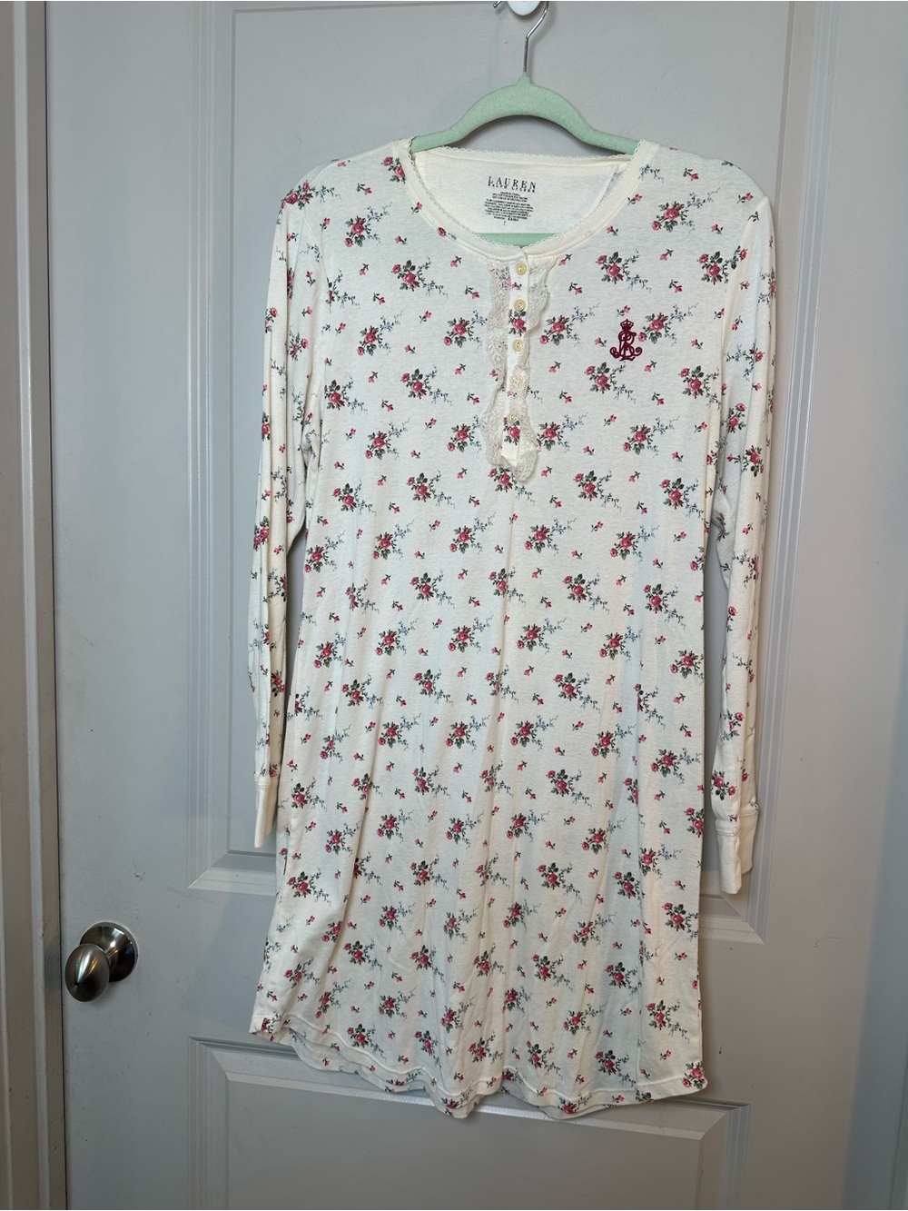 VINTAGE 90’s LAUREN RALPH LAUREN Floral Cotton Ruffle Henley Pajama Dress, Large